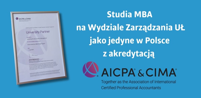 Grafika z niebieskim tłem pokazująca certyfikat AICPA&CIMA dla studiów MBA