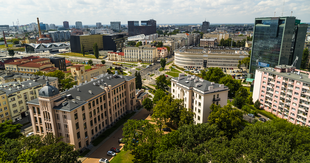 Panorama Łodzi, skrzyżowanie ulic Uniwersyteckiej i Narutowicza