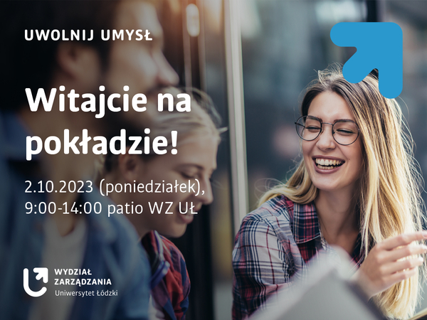 Zdjęcie przedstawia uśmiechniętą kobietę i tekst: Witajcie na pokładzie 2.10. 2023 (poniedziałek, 9:00-14:00