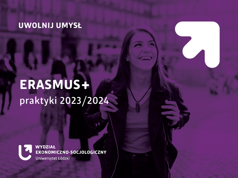 zdjęcie uśmiechniętej dziewczyny z napisem ERASMUS+ PRAKTYKI 2023/2024