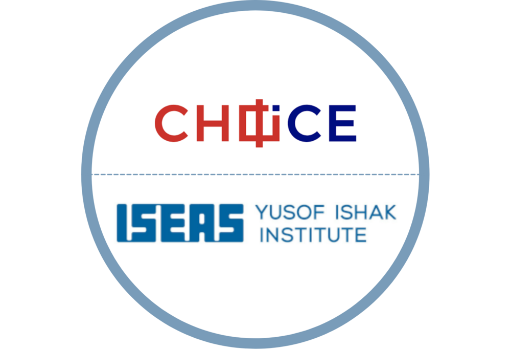 Na górze logo CHOICE składające się z czerwonych liter "CHOI" i niebieskich "CE", na dole niebieskie logo składające się z napisu "ISEAS Yusof Ishak Institute"